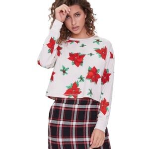 FOREVER 21 Poinsettia Print Waffle Knit Crop Top M Holiday Gift Christmas
